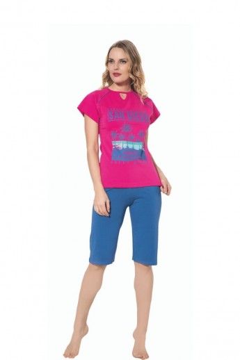 Γυναικείο σετ t-shirt με σορτσάκι capri εμπριμέ φούξια 1 τεμ