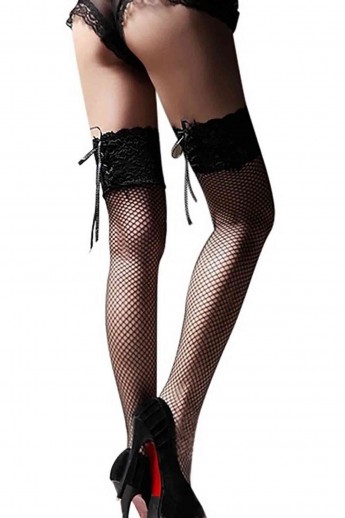 Merry See ζαρτιέρες διχτυωτές κάλτσες με κορδέλα και δαντέλα μαύρο MS7801-1
