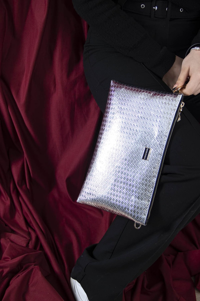 Silver Polo Ασημί ανάγλυφο Clutch τσάντα μονής θήκης