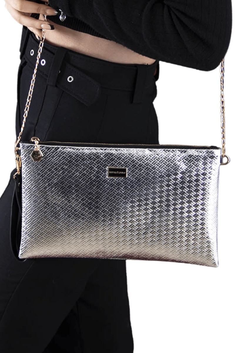 Silver Polo Ασημί ανάγλυφο Clutch τσάντα μονής θήκης