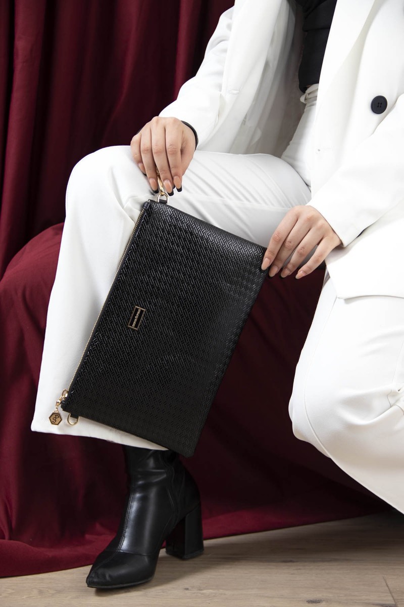 Silver Polo Μαύρο ανάγλυφο Clutch τσάντα μονής θήκης