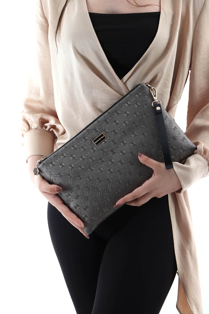 Silver Polo Πλατίνα ανάγλυφο Clutch τσάντα μονής θήκης με λουράκι χειρός