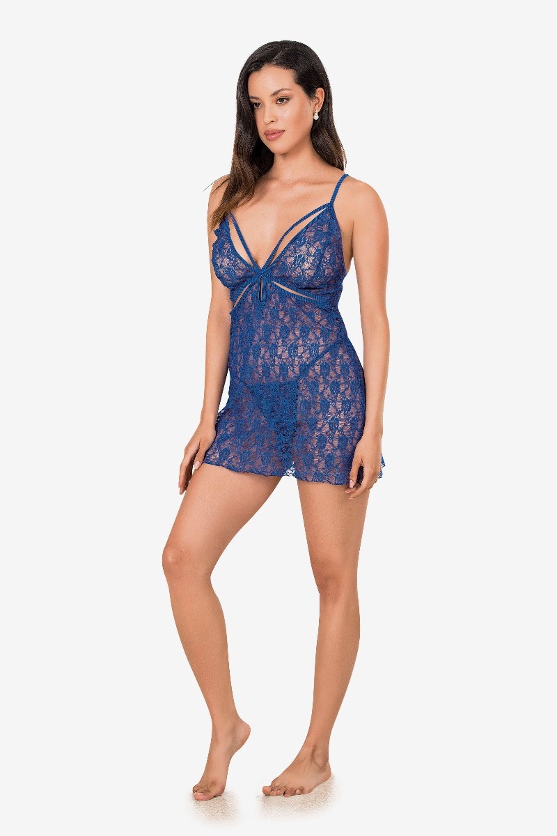 Σετ Babydoll Δαντελενιο Με Στρινγκ Bella  Μπλε 3XL