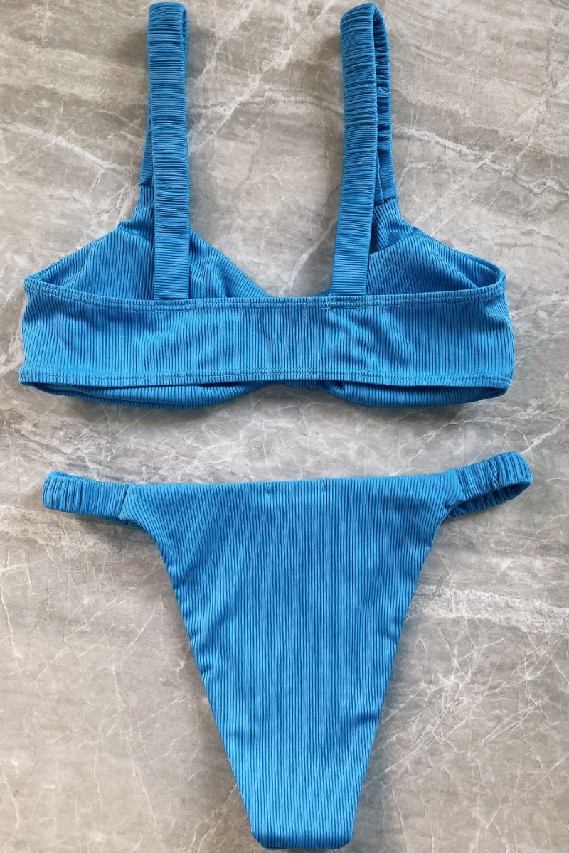 Ribbed Double Twist High Cut Bikini Swimwear - Blue Μπλε L