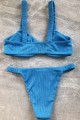 Ribbed Double Twist High Cut Bikini Swimwear - Blue Μπλε L