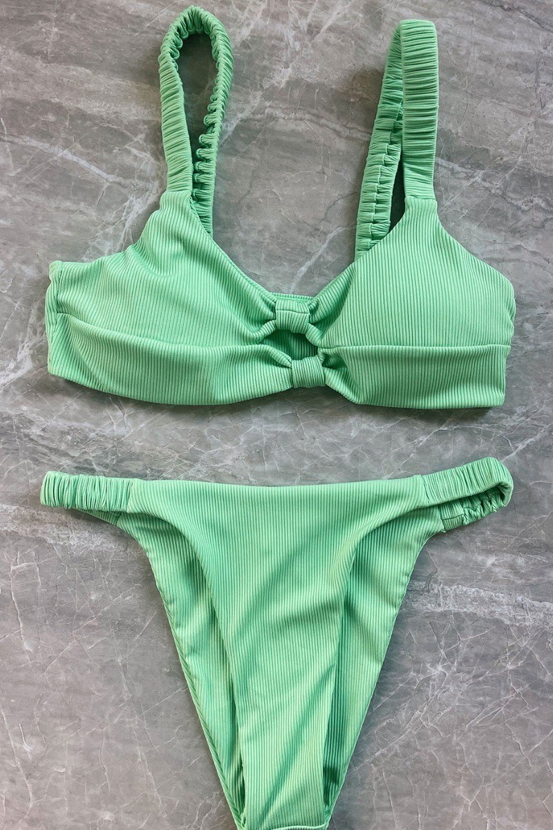 Ribbed Double Twist High Cut Bikini Swimwear - Light Green Λαχανί L