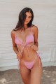 Tie Front Ribbed Triangle High Cut Bikini Swimwear - Fuchsia Φούξια L